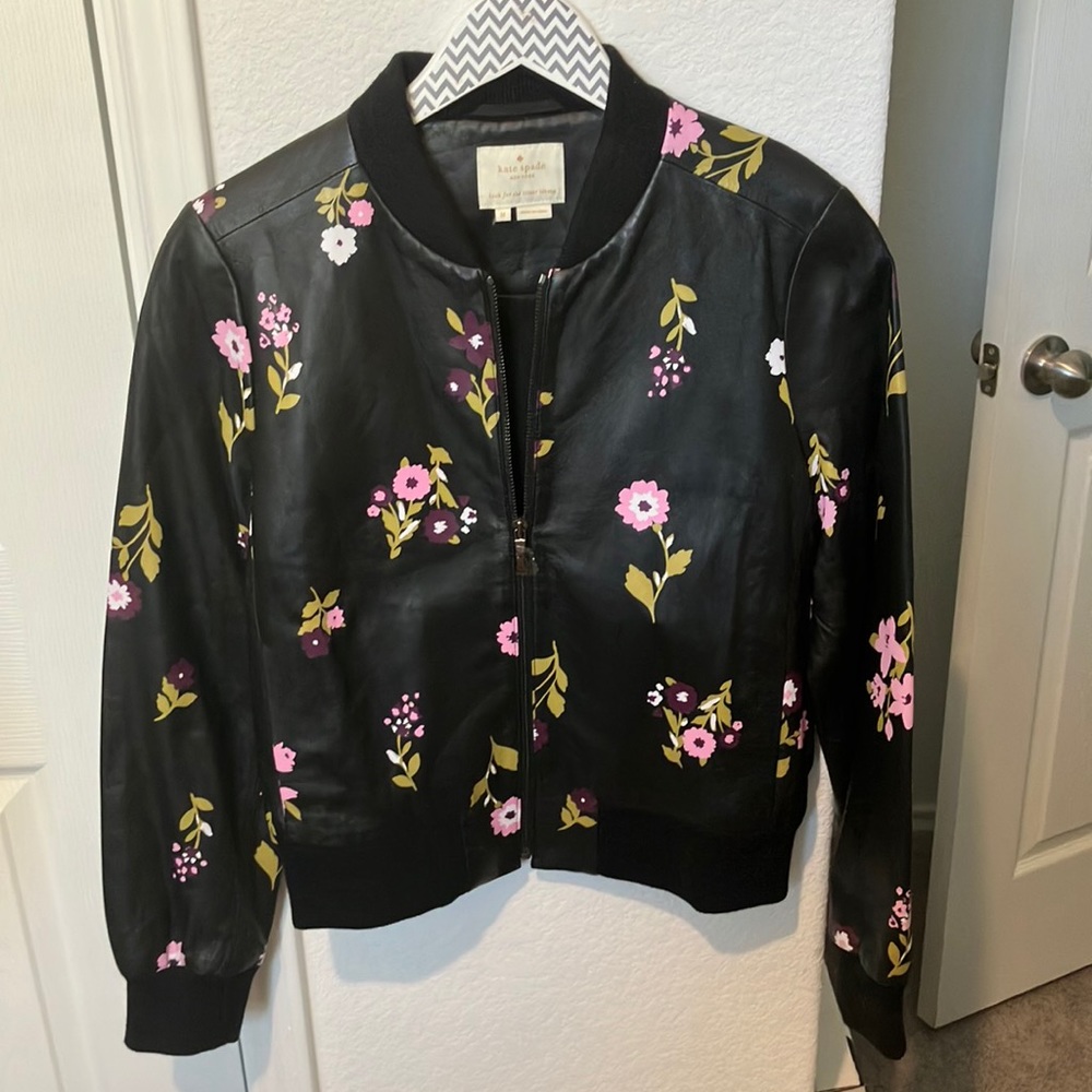 Kate Spade In Bloom Leather Bomber Jacket Medium